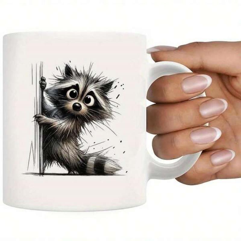 Tailorly White Ceramic 11 oz Mug - Peeking From Edge Hand Drawn Style Fluffy Furry Cute Curious Little Raccoon