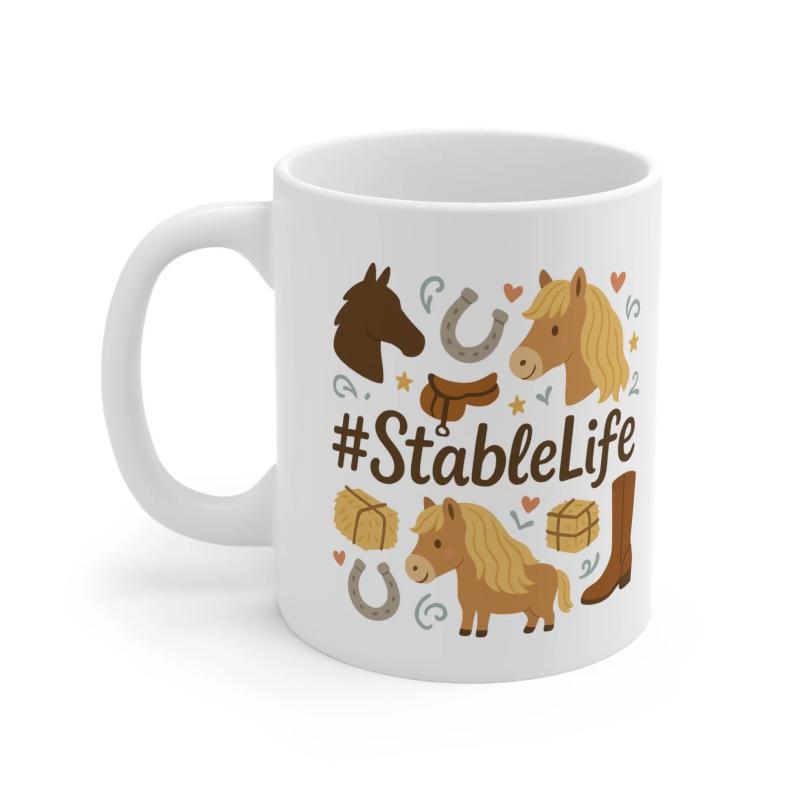 Tailorly White Ceramic 11 oz Mug - Stable Life Rustic Cartoon Illustration With Hay Bales And Saddles Horse