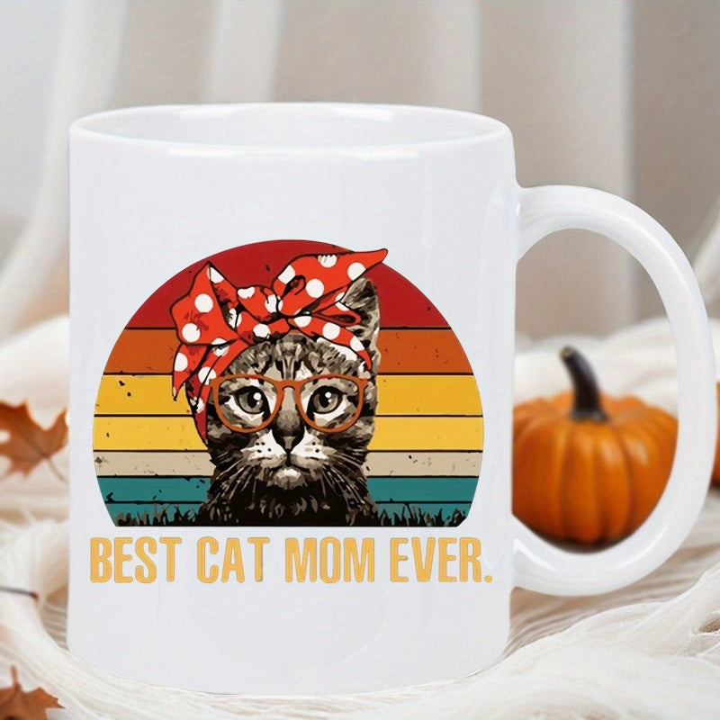 Tailorly White Ceramic 11 oz Mug - Best Cat Mom Ever Vintage Sunset Stripes With Cute Bespectacled Tabby Wearing Red Polka Dot Bandana Cat