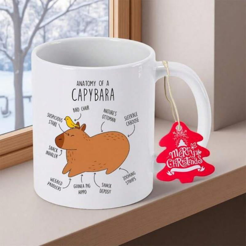 Tailorly White Ceramic 11 oz Mug - Anatomy Of A Capybara Adorable Cartoon Animal With Tiny Bird Resting On Its Head Brown Capybara