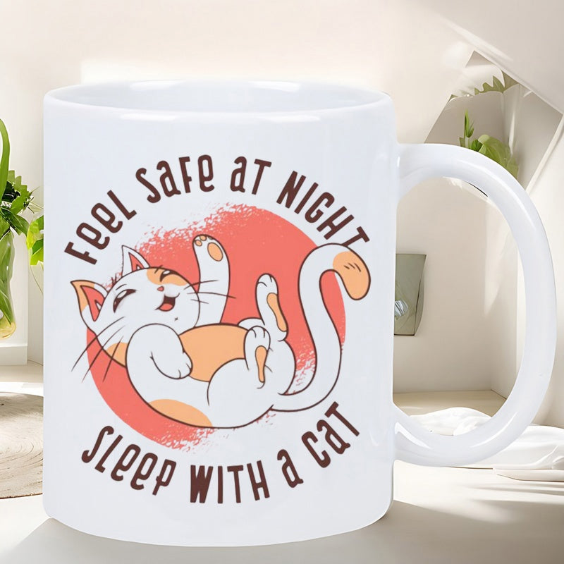 Tailorly White Ceramic 11 oz Mug - Feel Safe At Night Sleep With A Cat Adorable Calico Feline Resting Playfully Against Vibrant Red Sun Background Cat