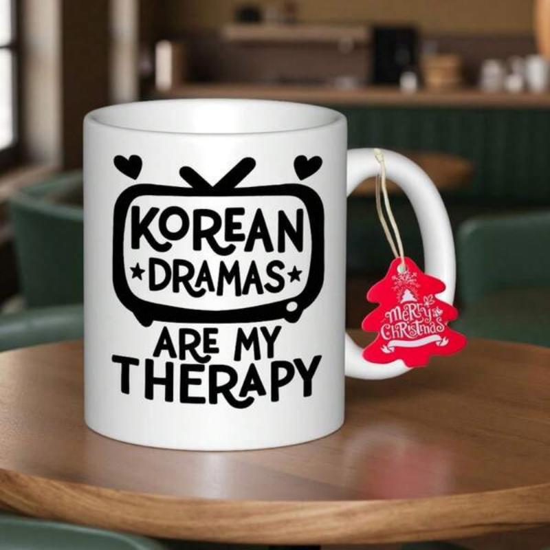 Tailorly White Ceramic 11 oz Mug - Korean Dramas Are My Therapy Retro Television Frame Surrounded By Small Hearts And Stars Television