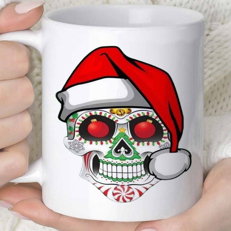 Tailorly White Ceramic 11 oz Mug - Decorative Festive Christmas Themed Sugar Skull With A Red Santa Hat Skull