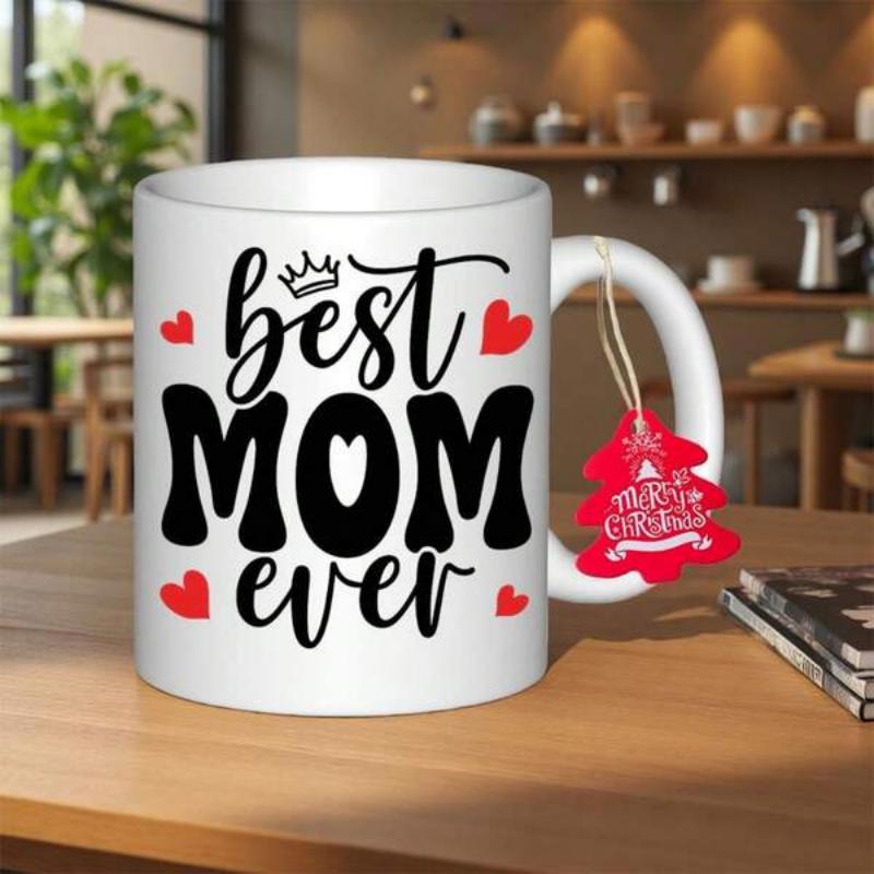 Tailorly White Ceramic 11 oz Mug - Best Mom Ever Stylized Bold Retro Typography With Tiny Crown And Floating Red Hearts Mug
