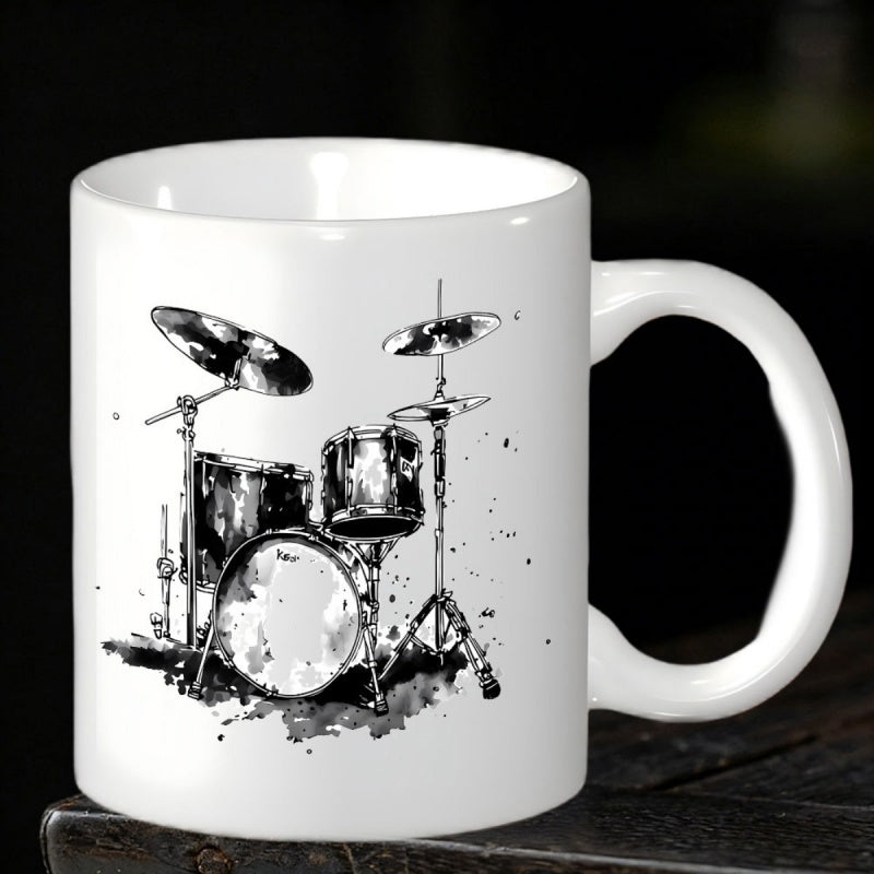 Tailorly White Ceramic 11 oz Mug - Realistic Artistic Black And White Ink Splatter Style Musical Instrument Drums