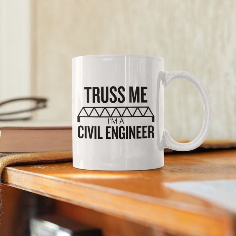 Tailorly White Ceramic 11 oz Mug - Truss Me Im A Civil Engineer Simple Geometric Line Drawing Depicting A Sturdy Triangular Structural Bridge