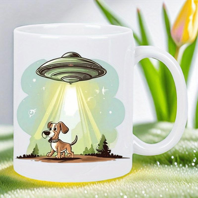 Tailorly White Ceramic 11 oz Mug - Extraterrestrial Flying Saucer Beaming Bright Yellow Light Down Onto Cute Beagle Dog