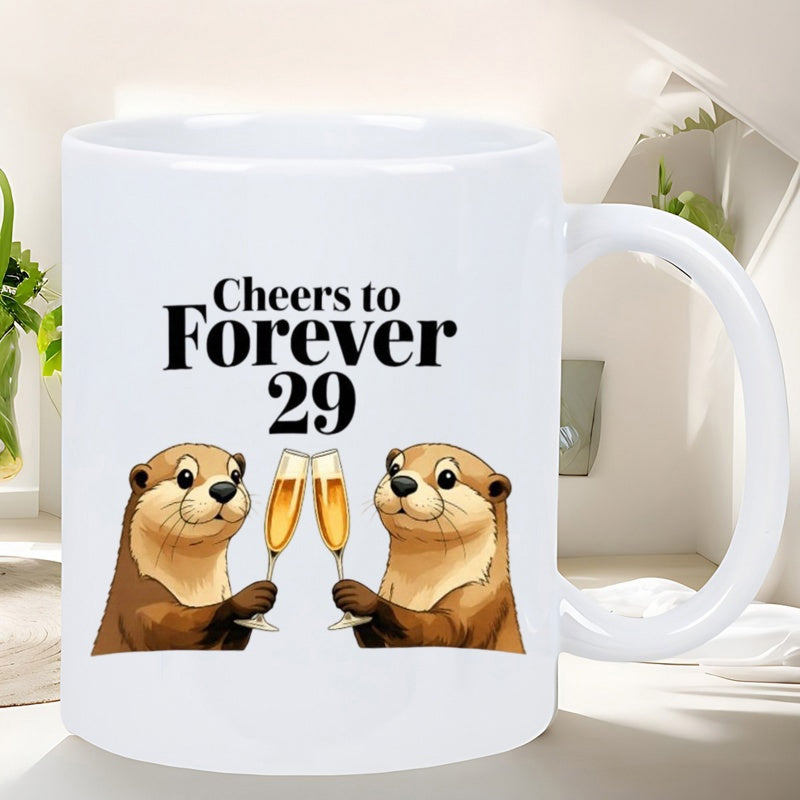 Tailorly White Ceramic 11 oz Mug - Cheers To Forever 29 Two Cute Brown Furry Animals Toasting With Sparkling Champagne Glasses Otter