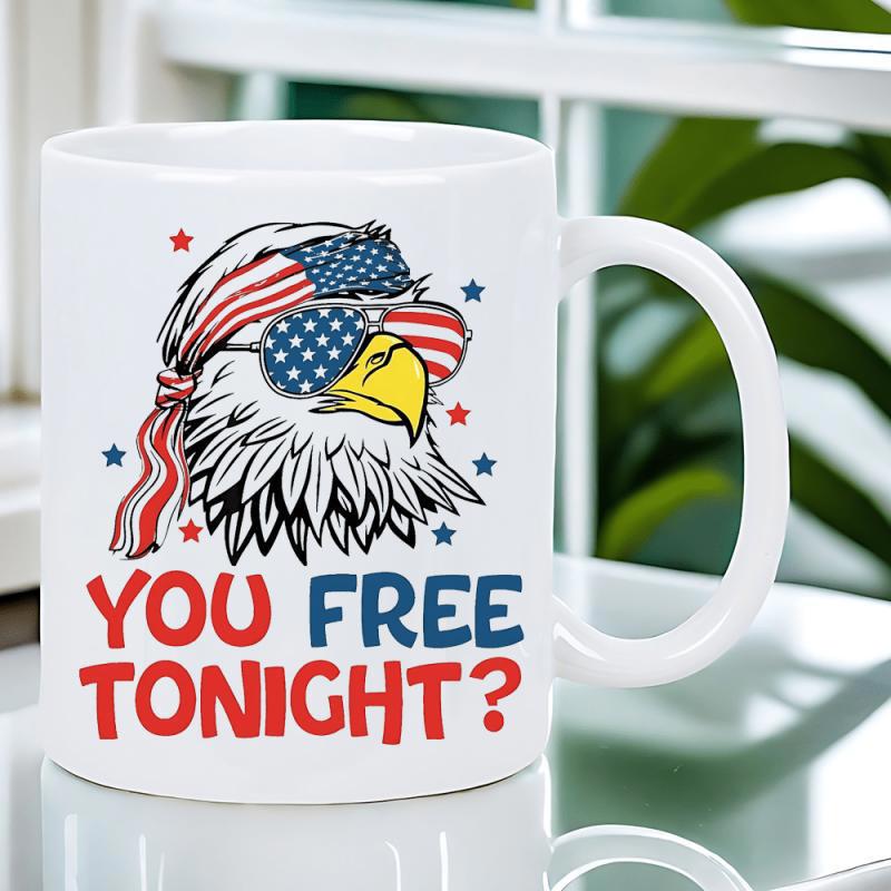 Tailorly White Ceramic 11 oz Mug - You Free Tonight Patriotic Bandana And Stars And Stripes Sunglasses On A Majestic Eagle