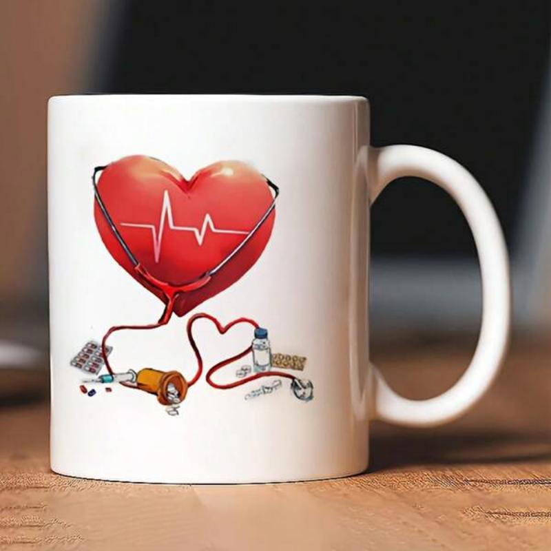 Tailorly White Ceramic 11 oz Mug - Vibrant Red Anatomical Concept With Stethoscope And Medical Supplies Underneath Heart