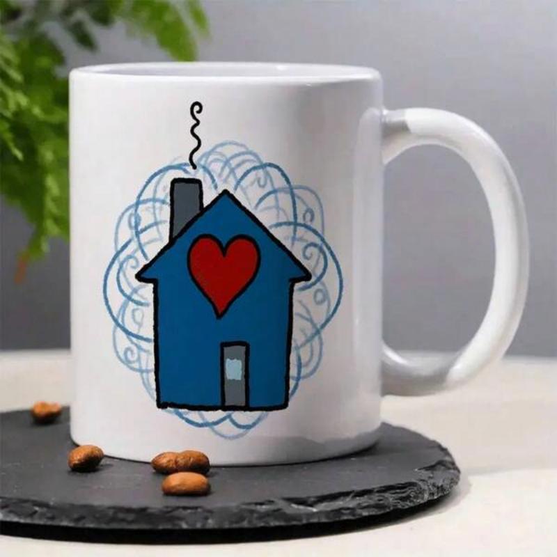 Tailorly White Ceramic 11 oz Mug - Simple Hand Drawn Blue Silhouette With Red Heart And Swirling Smoke House