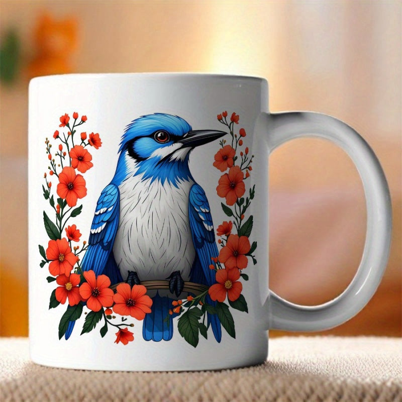 Tailorly White Ceramic 11 oz Mug - Vibrant Blue Songbird Perched Among Beautiful Red Flowers And Green Leaves Bird