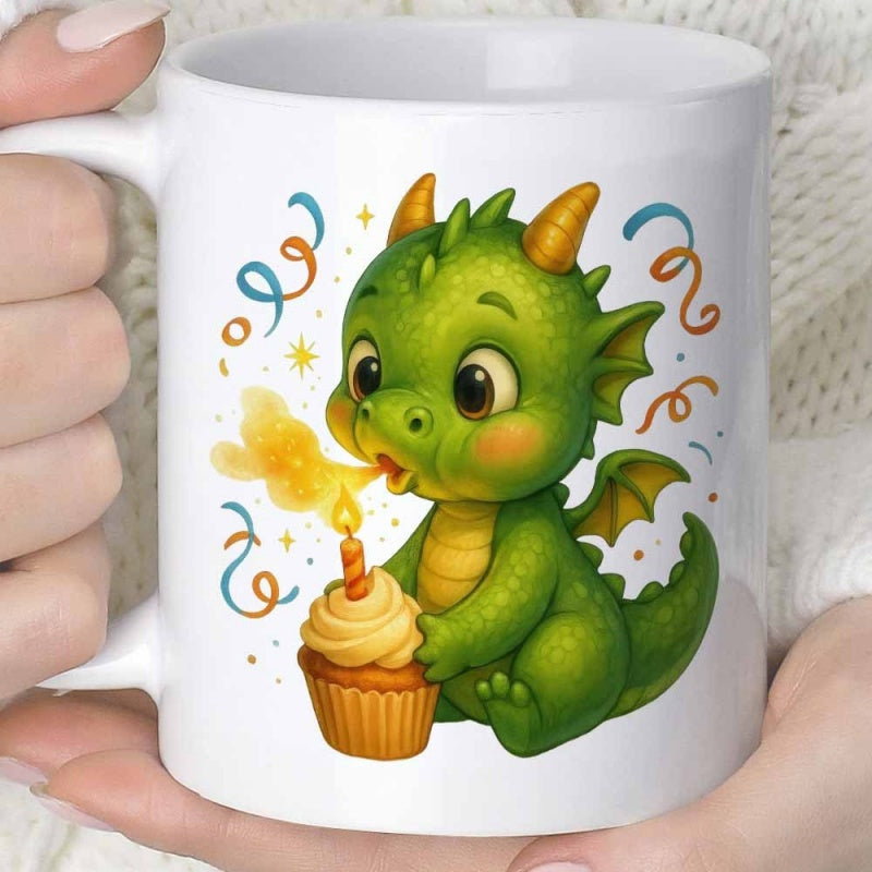 Tailorly White Ceramic 11 oz Mug - Tiny Green Creature Blowing Out Single Candle On Cupcake Under Confetti Dragon