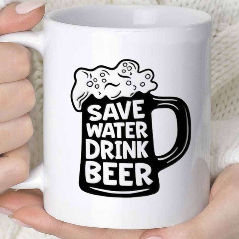 Tailorly White Ceramic 11 oz Mug - Save Water Drink Beer Cartoonish Black And White Illustration With Overflowing Foam Atop A Sturdy Beer Mug