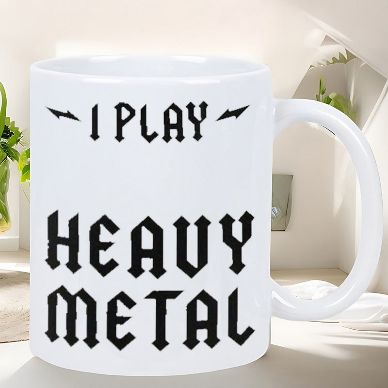 Tailorly White Ceramic 11 oz Mug - I Play Heavy Metal Bold Black Gothic Letters With Minimalist Stylized Lightning Symbols Mug