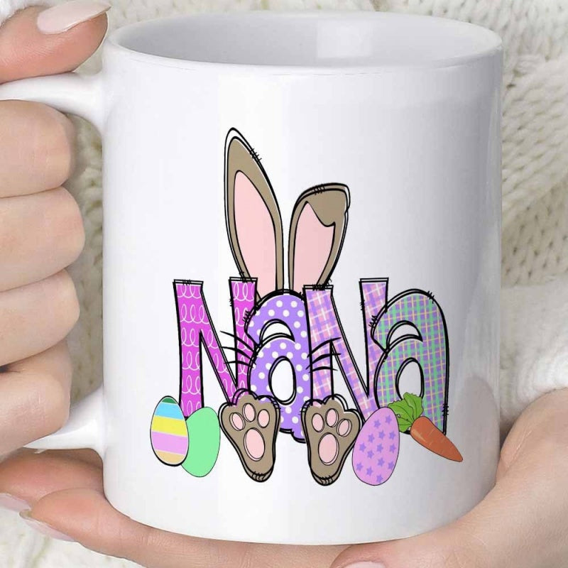 Tailorly White Ceramic 11 oz Mug - Nana Adorable Festive Easter Design With Colorful Patterned Letters And Cute Bunny
