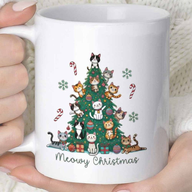 Tailorly White Ceramic 11 oz Mug - Meowy Christmas Adorable Kittens Climbing A Festive Decorated Evergreen Holiday Christmas Tree