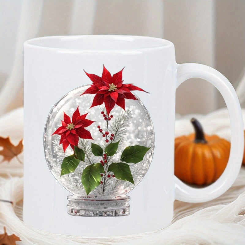 Tailorly White Ceramic 11 oz Mug - Vibrant Red Poinsettias Inside Glistening Crystal Snow Globe With Green Leaves Poinsettia