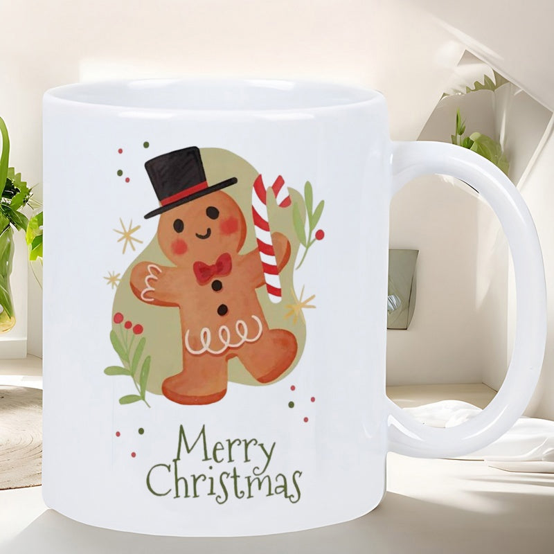 Tailorly White Ceramic 11 oz Mug - Merry Christmas Festive Character Wearing Black Hat Holding A Candy Cane Gingerbread Man