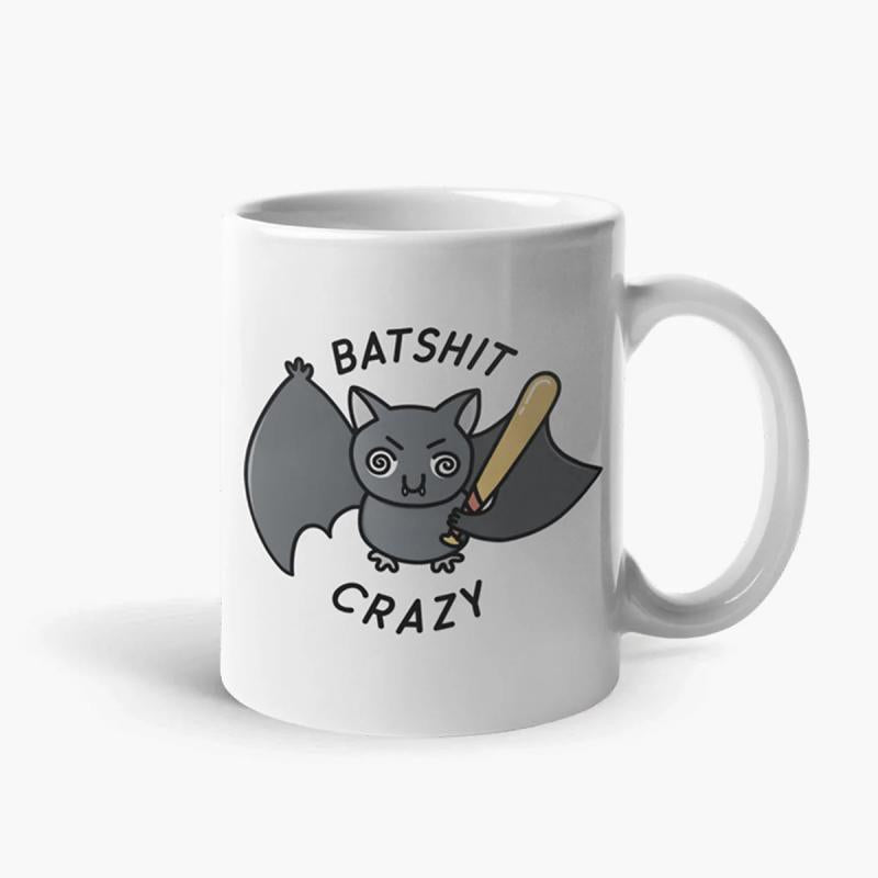 Tailorly White Ceramic 11 oz Mug - Batshit Crazy Grumpy Cartoon Bat Holding A Brown Wooden Baseball Bat Bat