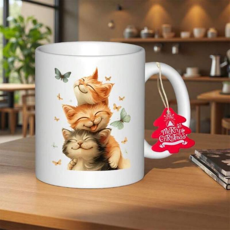 Tailorly White Ceramic 11 oz Mug - Merry Christmas Three Adorable Smiling Kittens Stacked Together Among Tiny Delicate Flying Butterflies Kittens