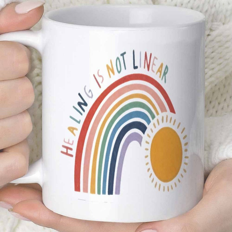 Tailorly White Ceramic 11 oz Mug - Healing Is Not Linear Colorful Hand Drawn Boho Rainbow And Vibrant Sun Shining Brightly Mug
