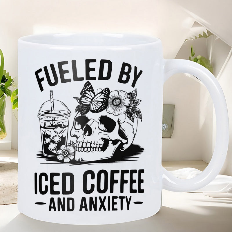 Tailorly White Ceramic 11 oz Mug - Fueled By Iced Coffee And Anxiety Intricate Butterfly Resting On Floral Crown Adorning A Human Skull