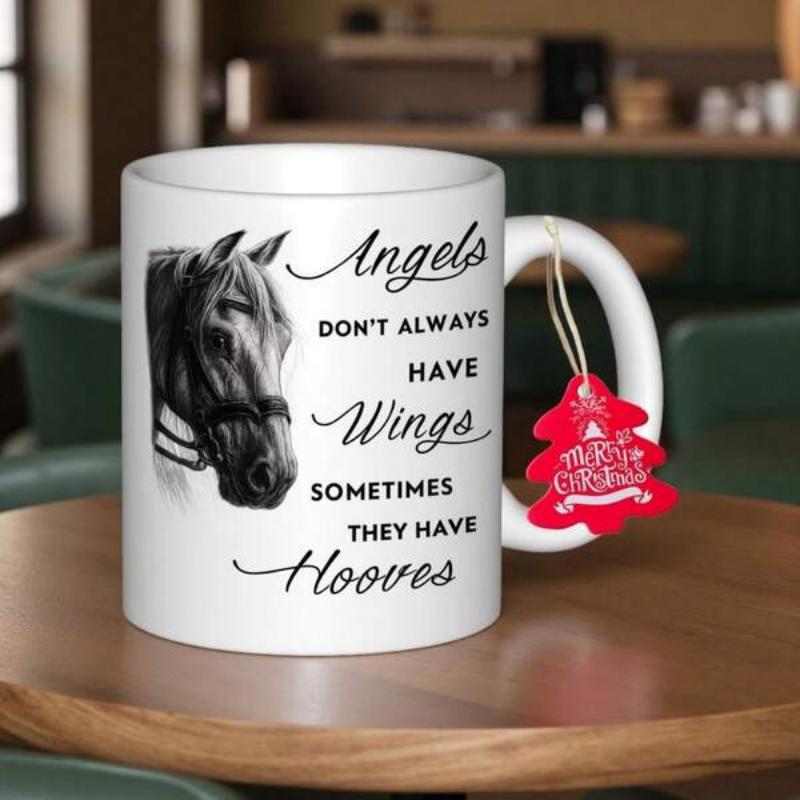 Tailorly White Ceramic 11 oz Mug - Angels Don't Always Have Wings Sometimes They Have Hooves Detailed Artistic Monochrome Portrait Of A Powerful Majestic Stallion