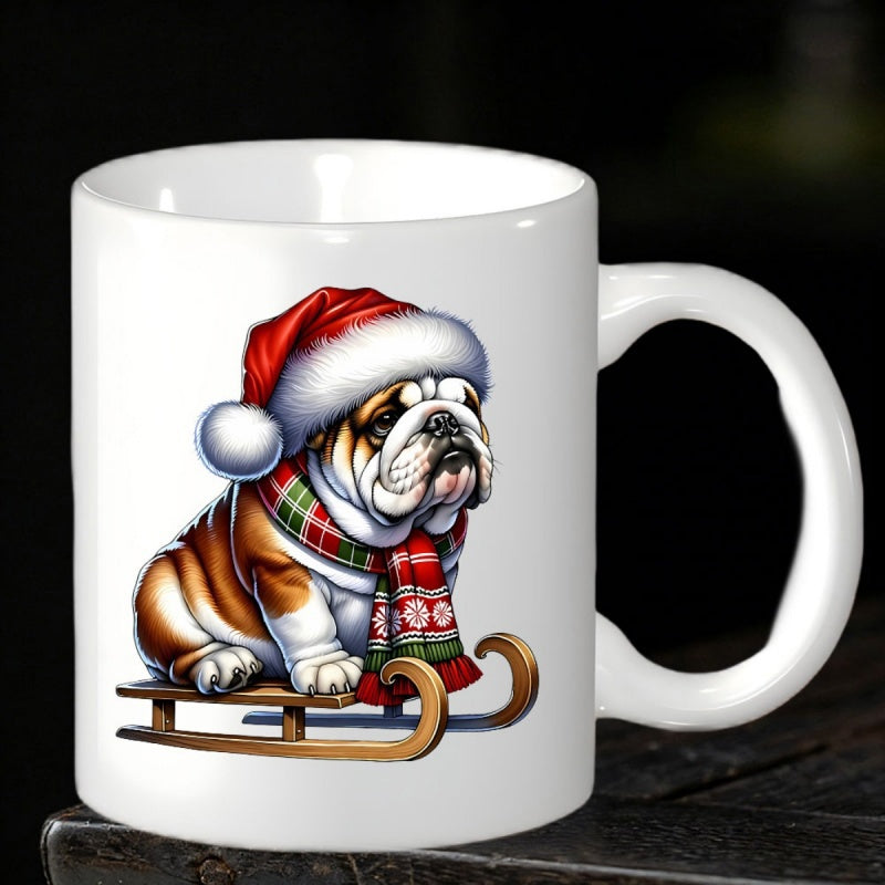 Tailorly White Ceramic 11 oz Mug - Festive English Bulldog Wearing Santa Hat And Scarf Riding On Wooden Sled Bulldog