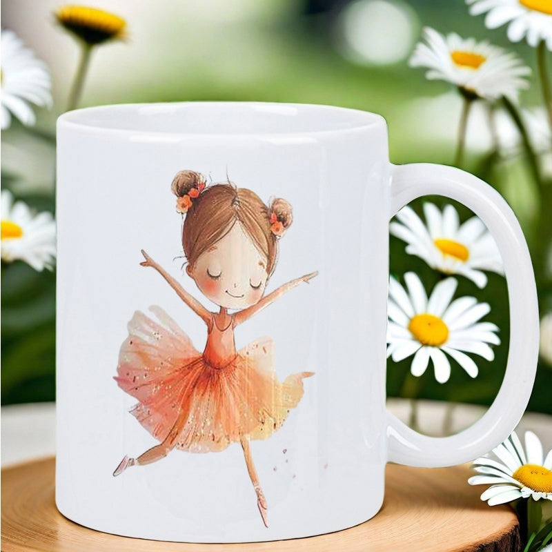 Tailorly White Ceramic 11 oz Mug - Dancing In Orange Tutu With Graceful Pose Among Summer Daisy Flowers Ballerina