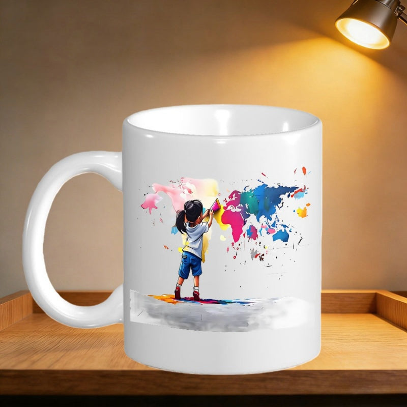 Tailorly White Ceramic 11 oz Mug - Artistic Young Girl Painting Colorful Vibrant Splash Stylized Global World Map