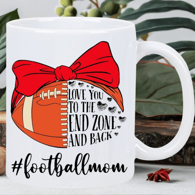 Tailorly White Ceramic 11 oz Mug - Love You To The End Zone And Back Footballmom Half Football With Red Bow And Patterned Hearts In Elegant Style Football