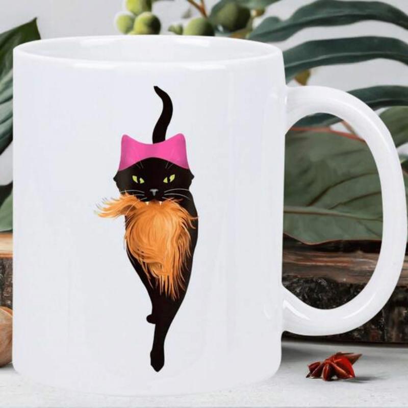 Tailorly White Ceramic 11 oz Mug - Stylized Black Cat Wearing Pink Hat Holding Fluffy Orange Ball Cat