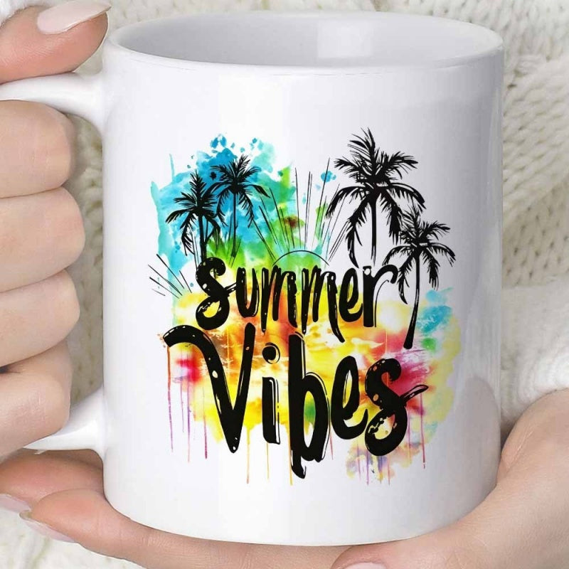 Tailorly White Ceramic 11 oz Mug - Summer Vibes Vibrant Colorful Watercolor Splashes Behind Silhouetted Tropical Sunburst Palm Trees