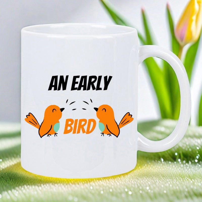 Tailorly White Ceramic 11 oz Mug - An Early Bird Two Small Singing Orange Songbirds Facing Each Other Under Bright Morning Sunlight Bird