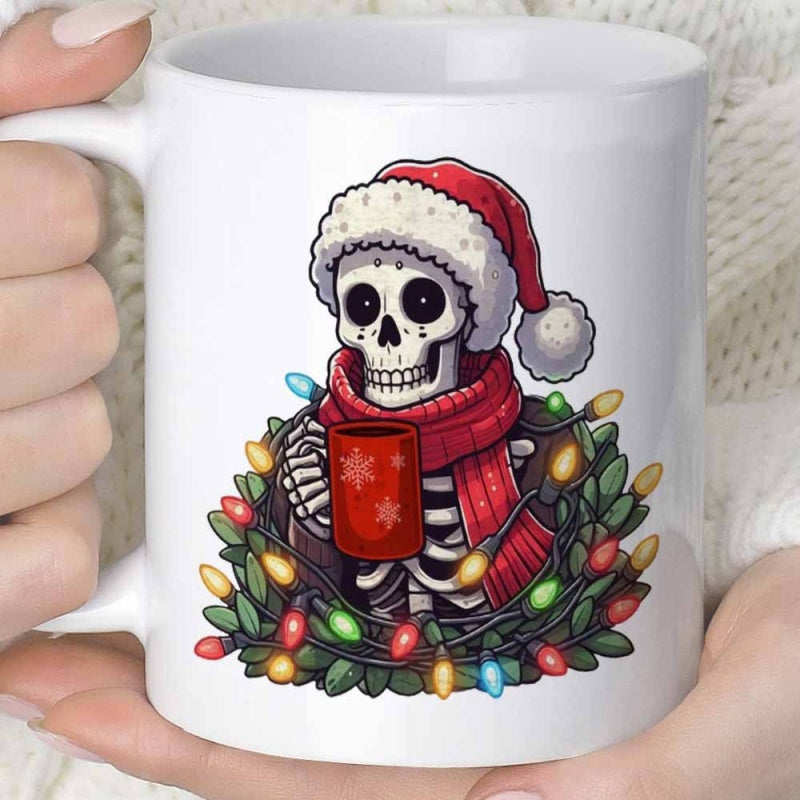 Tailorly White Ceramic 11 oz Mug - Festive Holiday Theme With Skeleton Wrapped In Vibrant Christmas String Lights Skeleton
