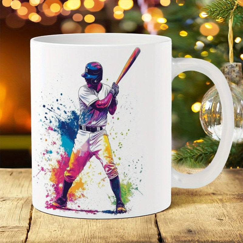 Tailorly White Ceramic 11 oz Mug - Dynamic Athletic Figure Ready For Powerful Swing With Vibrant Watercolor Splatter Player