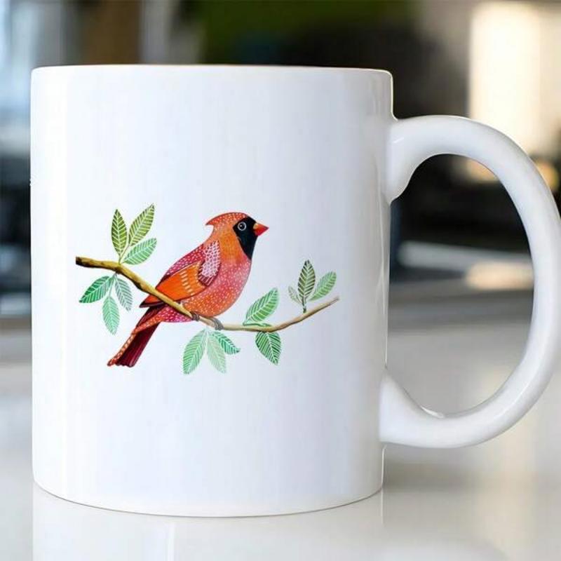 Tailorly White Ceramic 11 oz Mug - Watercolor Vibrant Red Northern Cardinal Perched Quietly Upon A Green Leafy Branch Cardinal