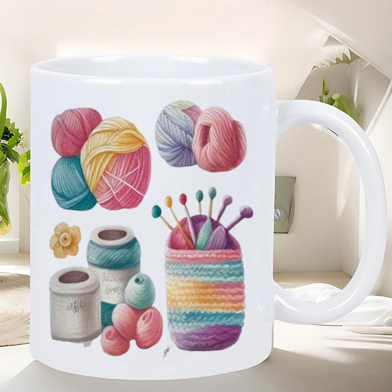 Tailorly White Ceramic 11 oz Mug - Colorful Soft Balls Of Wool Arranged With Knitting Needles In Basket Yarn
