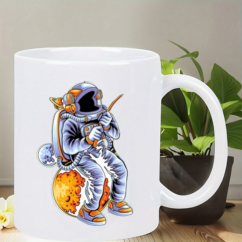 Tailorly White Ceramic 11 oz Mug - Detailed Cartoon Space Explorer Sitting On Planet Holding Fishing Rod Astronaut