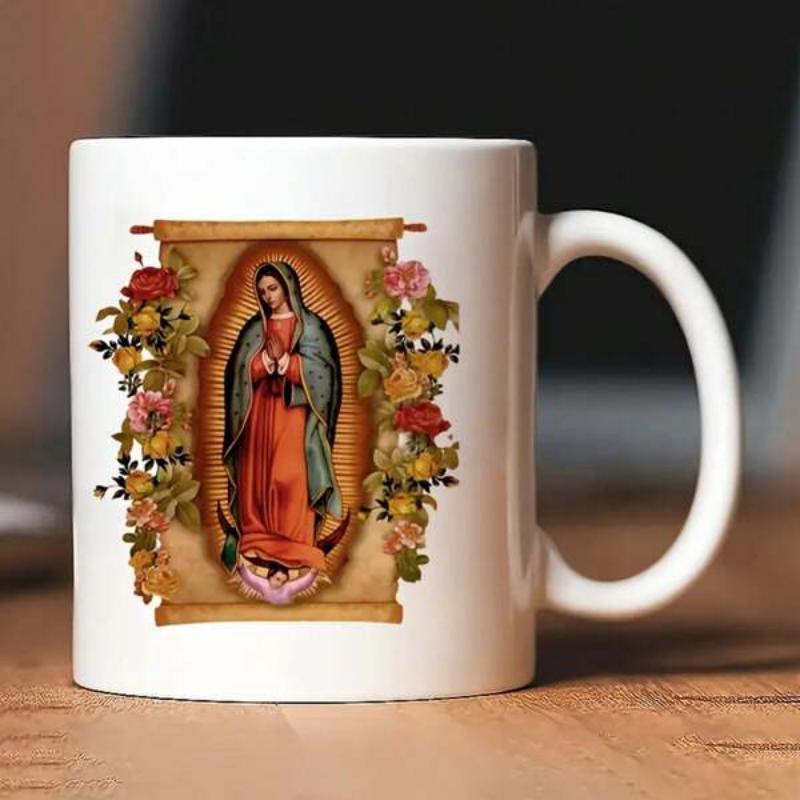 Tailorly White Ceramic 11 oz Mug - Sacred Virgin Mary Standing Within Divine Light Amidst Blooming Roses Icon