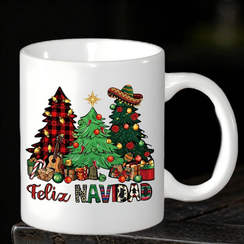 Tailorly White Ceramic 11 oz Mug - Festive Holiday Scene Featuring Three Distinctly Decorated Mexican Western Christmas Tree
