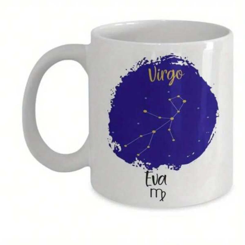 Tailorly White Ceramic 11 oz Mug - Virgo Eva Dark Blue Watercolor Splash Featuring Golden Celestial Star Map Lines Among Starlight Constellation