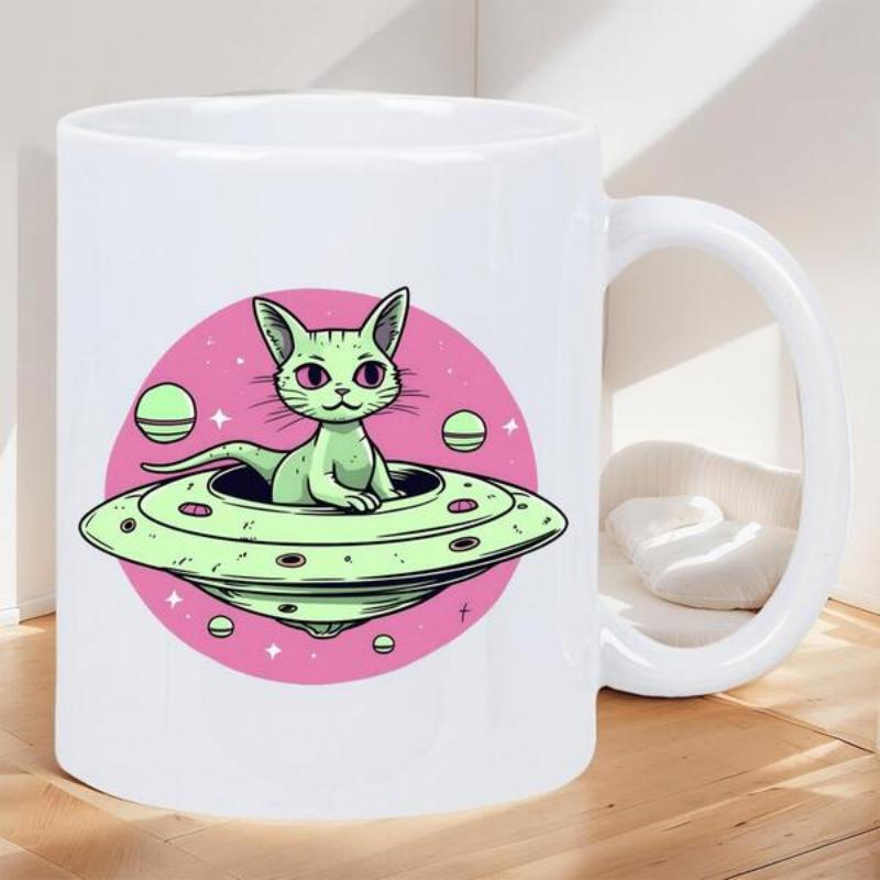 Tailorly White Ceramic 11 oz Mug - Green Alien Kitten Floating In A Saucer Through Pink Cosmic Space Cat