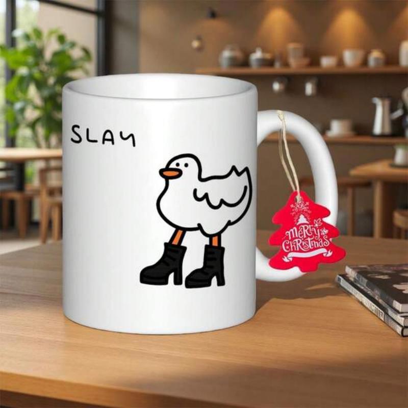 Tailorly White Ceramic 11 oz Mug - Slay Whimsical White Bird Character Wearing Trendy Black Platform Fashion Boots Duck