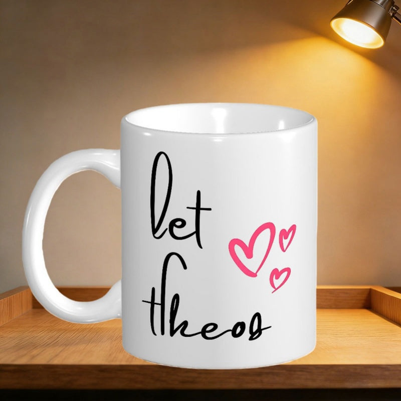 Tailorly White Ceramic 11 oz Mug - Let There Minimalist Hand Drawn Pink Hearts Floating Beside Elegant Cursive Black Script Heart