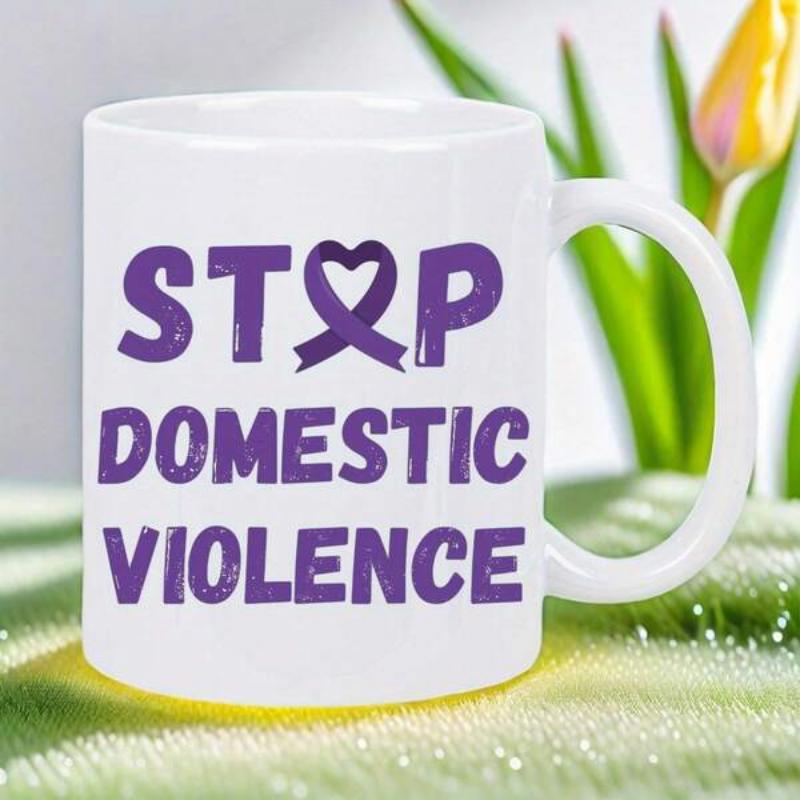 Tailorly White Ceramic 11 oz Mug - Stop Domestic Violence Purple Heart Awareness Ribbon With Bold Textured Symbolic Lettering Sign