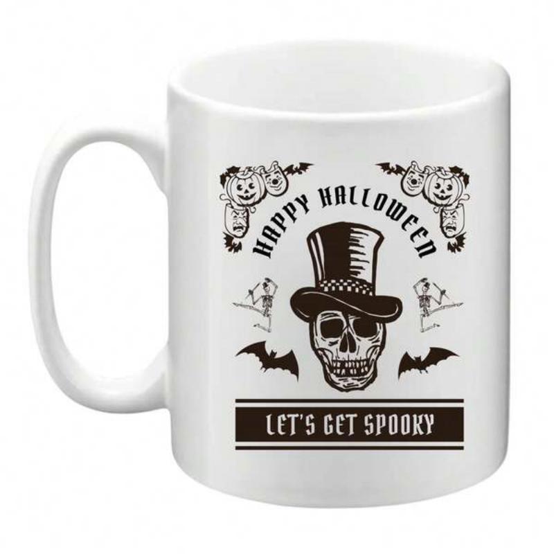 Tailorly White Ceramic 11 oz Mug - Happy Halloween Let's Get Spooky Vintage Hat Wearing Skull Among Bats And Dancing Skeletons Skull