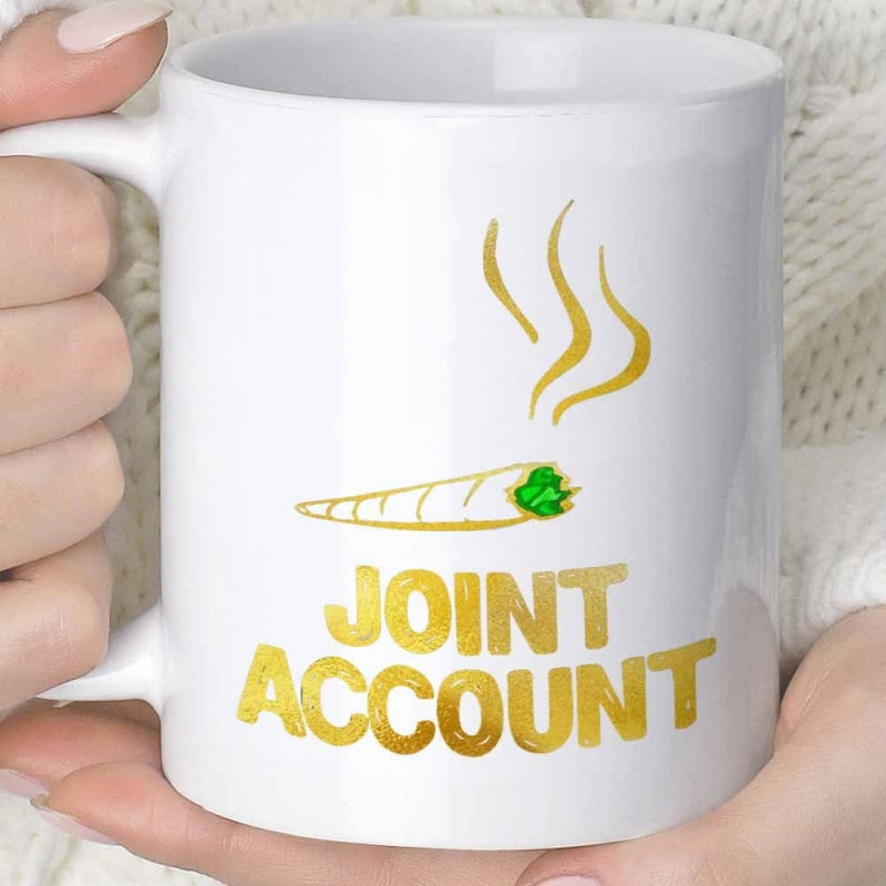 Tailorly White Ceramic 11 oz Mug - Joint Account Golden Illustration Of Smoking Marijuana With Green Herbs And Wavy Smoke Joint