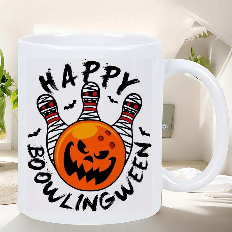 Tailorly White Ceramic 11 oz Mug - Happy Boowlingween Spooky Wrapped Mummy Pins And Carved Jack O Lantern Pumpkin Ball